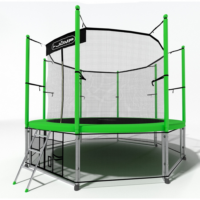 Батут i-Jump Classic 14FT 427 см с нижней сетью и лестницей зеленый 700_700